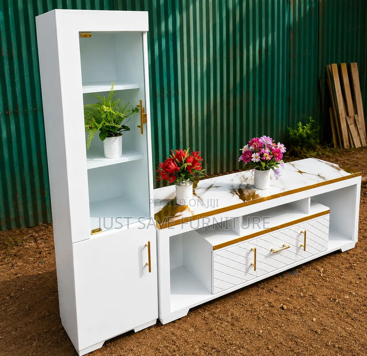 Modern White & Gold TV Stand With Display Cabinet
