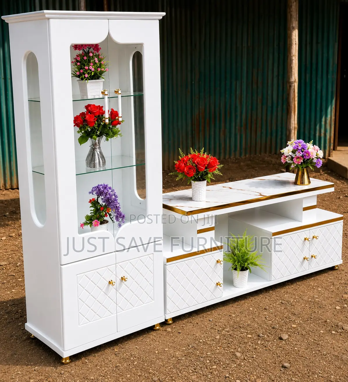 White & Gold TV Stand With a Double Door Display Cabinet