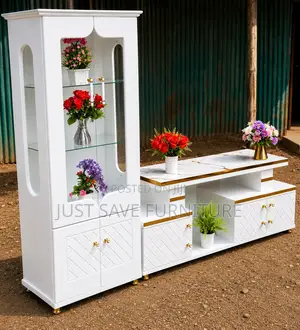White & Gold TV Stand With a Double Door Display Cabinet