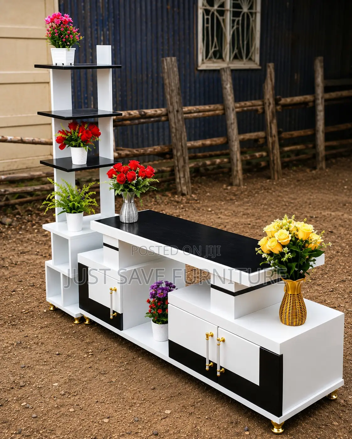 Modern Black & White TV Stand With Display Shelves