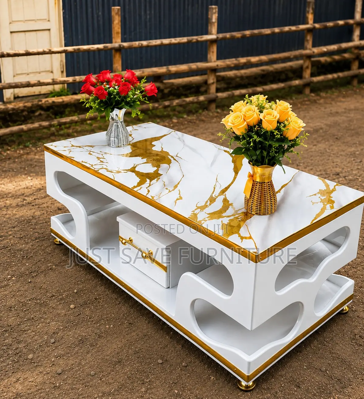 Royalcrest White Gold Marble Coffee Table With Storage