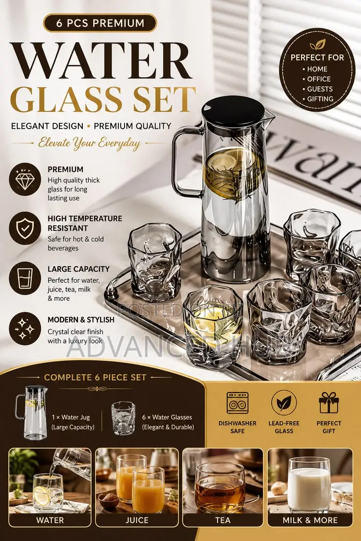 Modern Glass Water Jug & 6 Cups Set