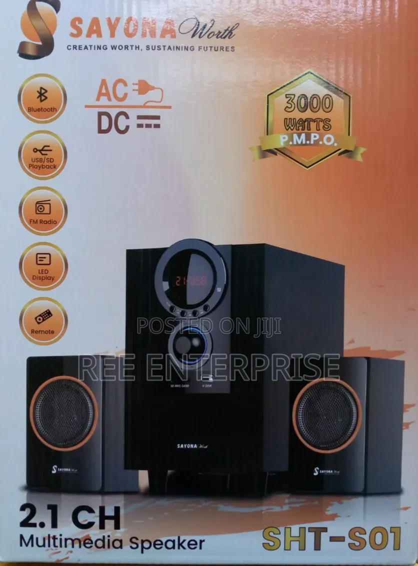 Sayona Worth
2.1 Channel
3000watts
Output Power-30wtts
AC/Dc
With: