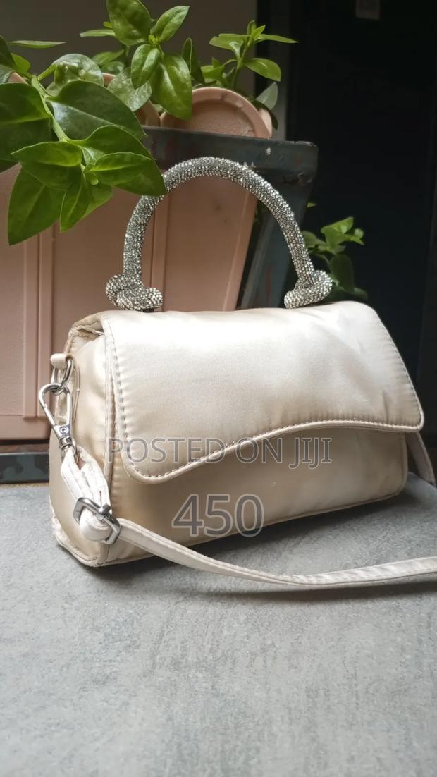 Elegant Champagne Satin Evening Bag With Rhinestone Top Handle