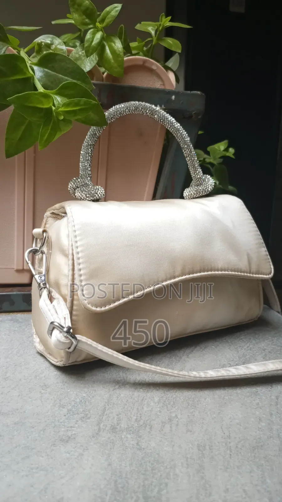 Elegant Champagne Satin Evening Bag With Rhinestone Top Handle