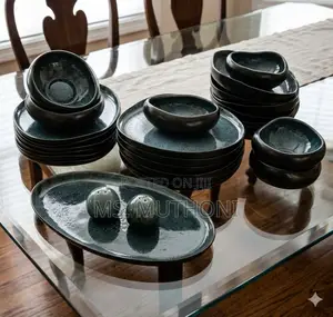 27 PCs Dark Teal-to-Black Reactive Glaze Stoneware Dinnerware Set