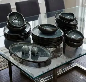 27 PCs Dark Teal-to-Black Reactive Glaze Stoneware Dinnerware Set