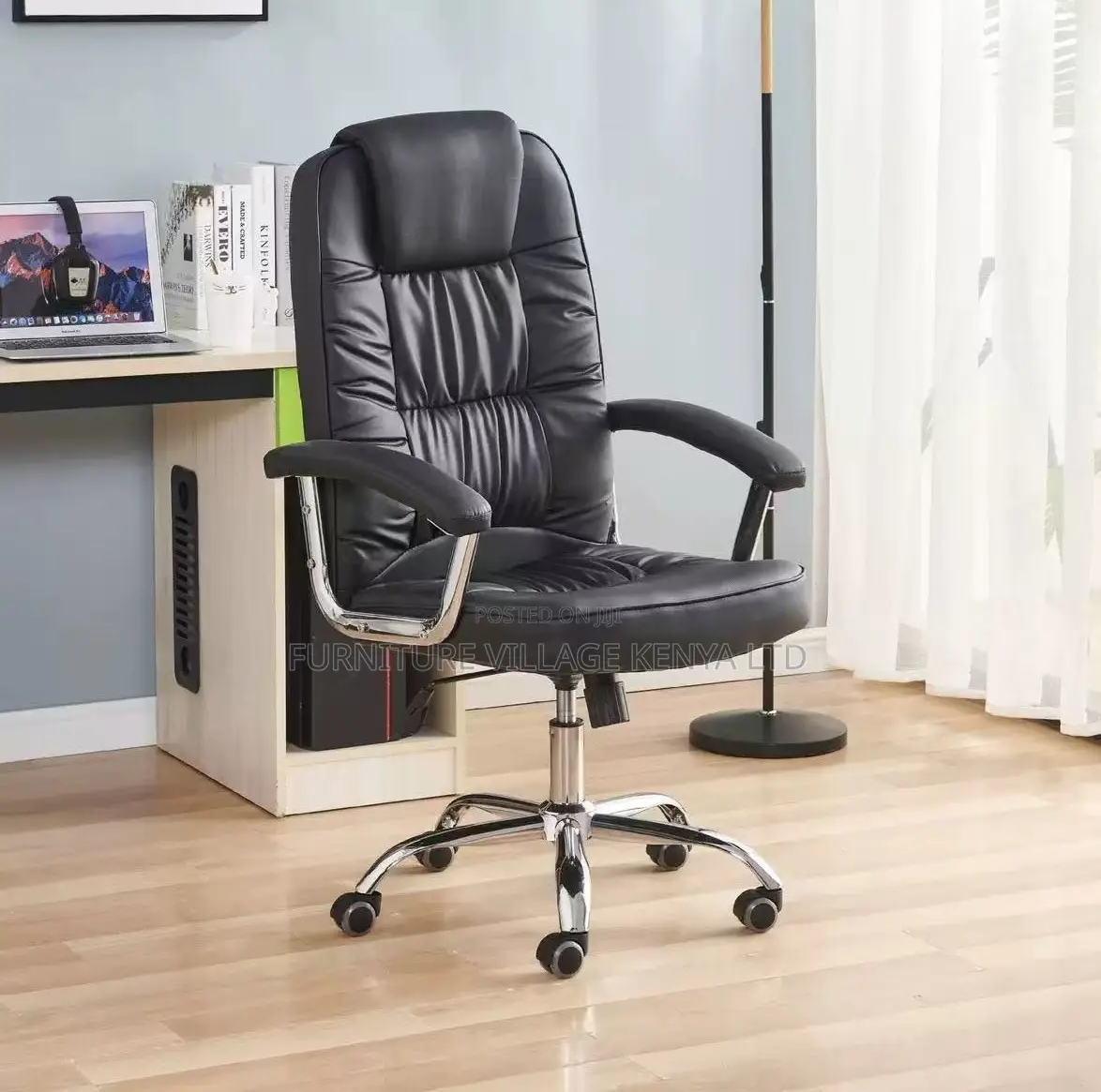 Office Chair; Swivel Black Leather Office Work Seat