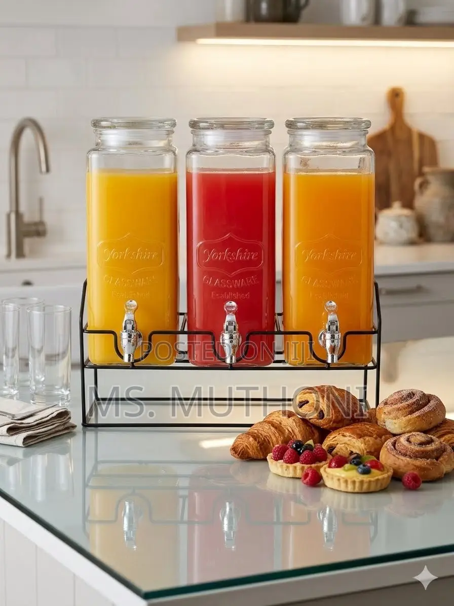 🥤🧃Gorgeous 1.6L Triple Glass Juice Dispenser Set  With Metallic Stand