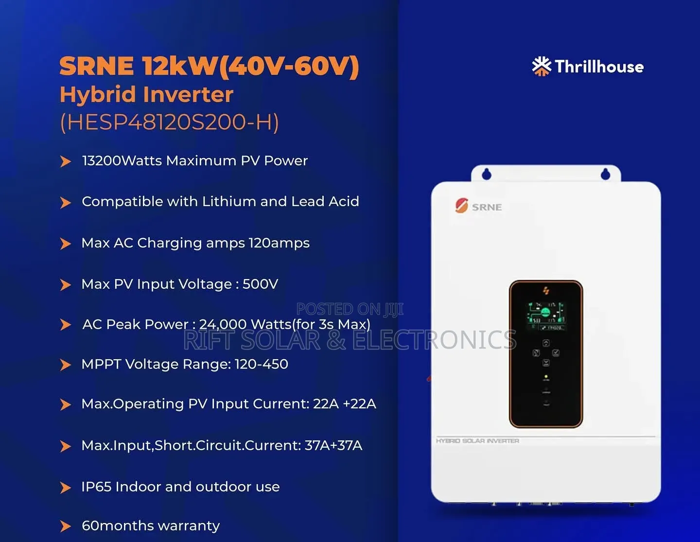 SRNE 12kva - 48v Hybrid Inverter VHM 120A MPPT Inbuilt Controller