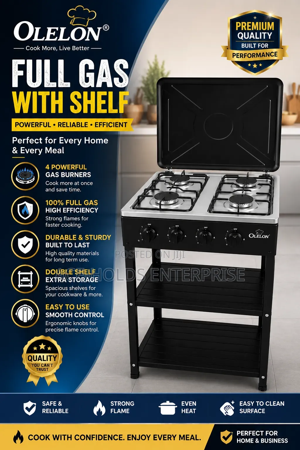 Olelon 4 Burner Full Gas Cooker With Shelves & Lock Lid
