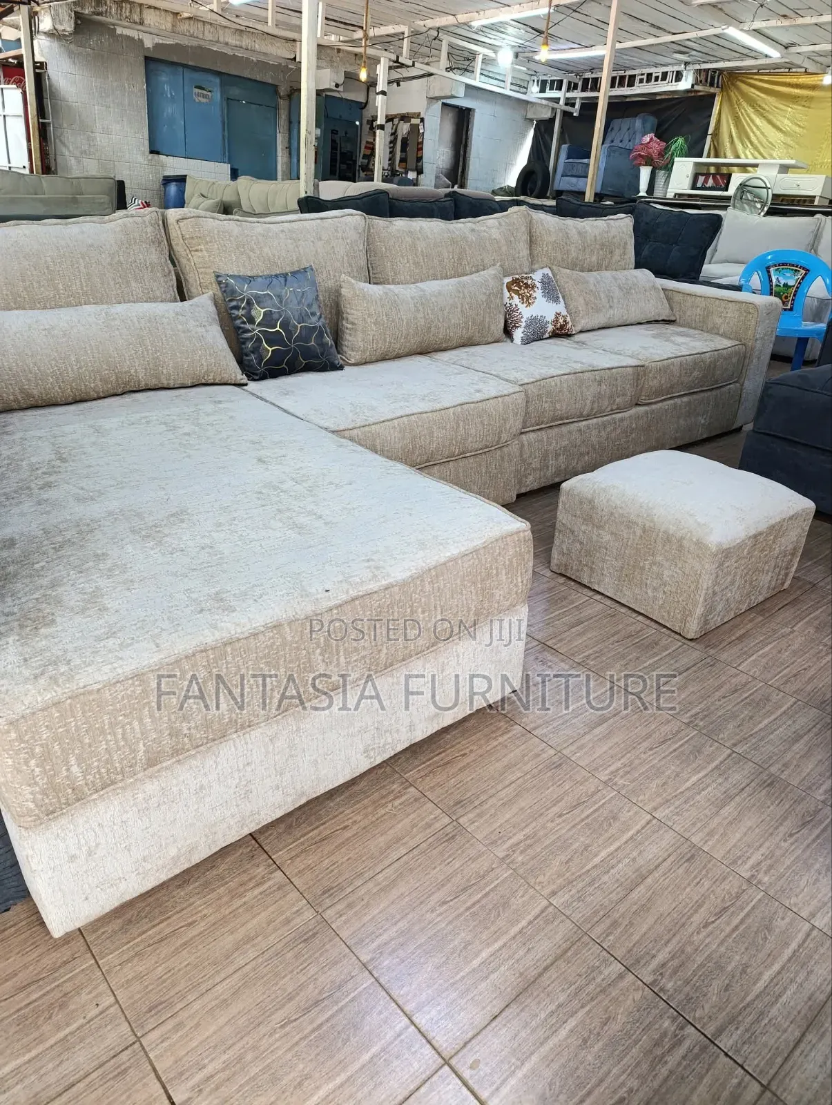 7-Seater Beige L-Shaped Sectional Sofa