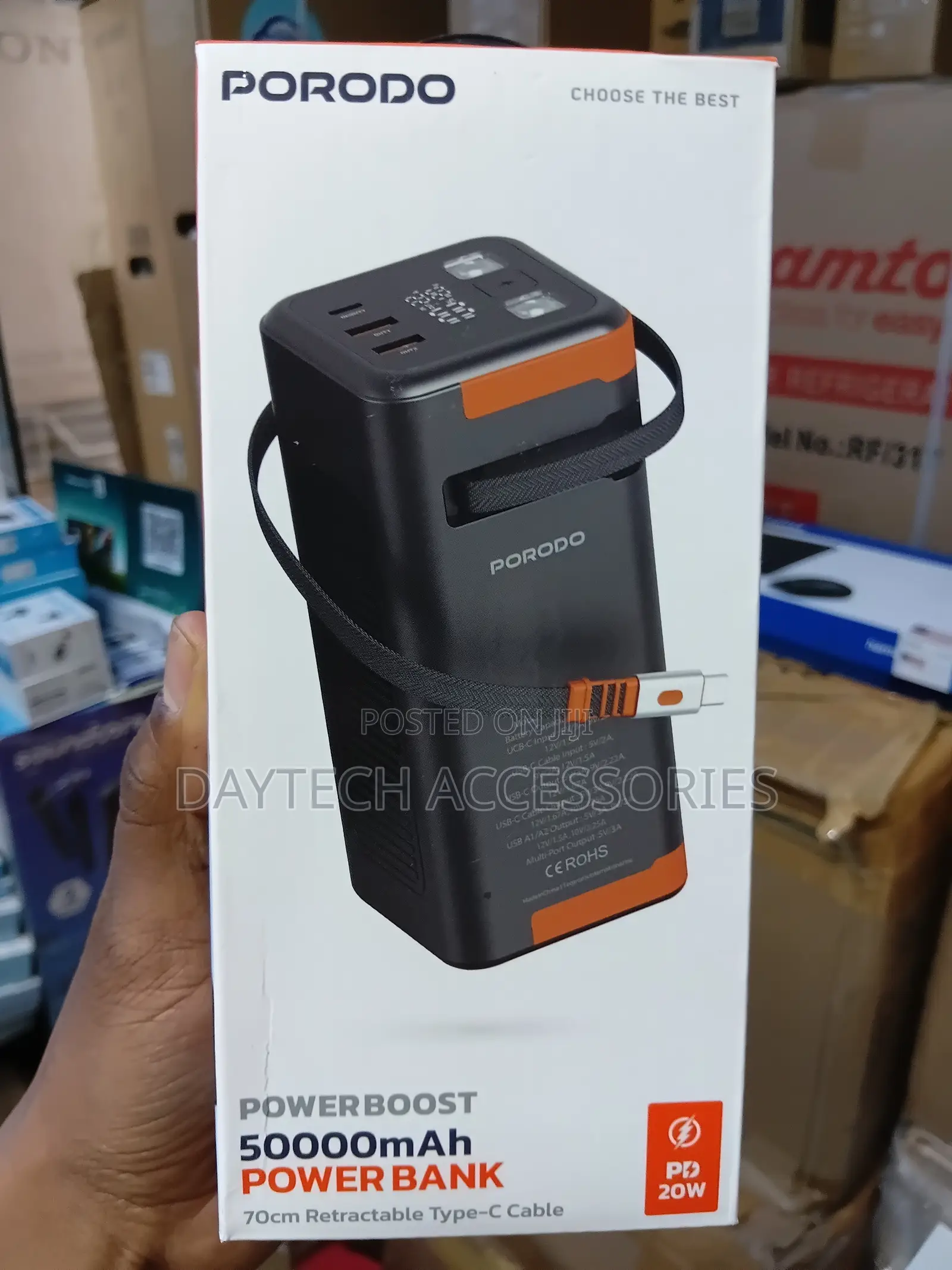 Porodo Power Boost 50,000mAh Power Bank With Retractable Type-C Cable.