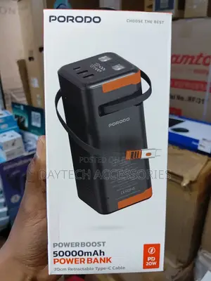 Porodo Power Boost 50,000mAh Power Bank With Retractable Type-C Cable.