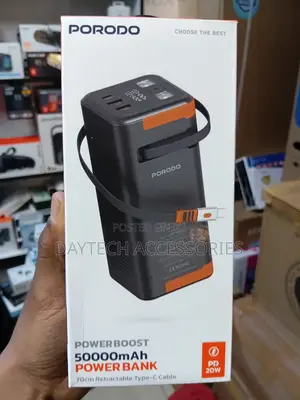Porodo Power Boost 50,000mAh Power Bank With Retractable Type-C Cable.