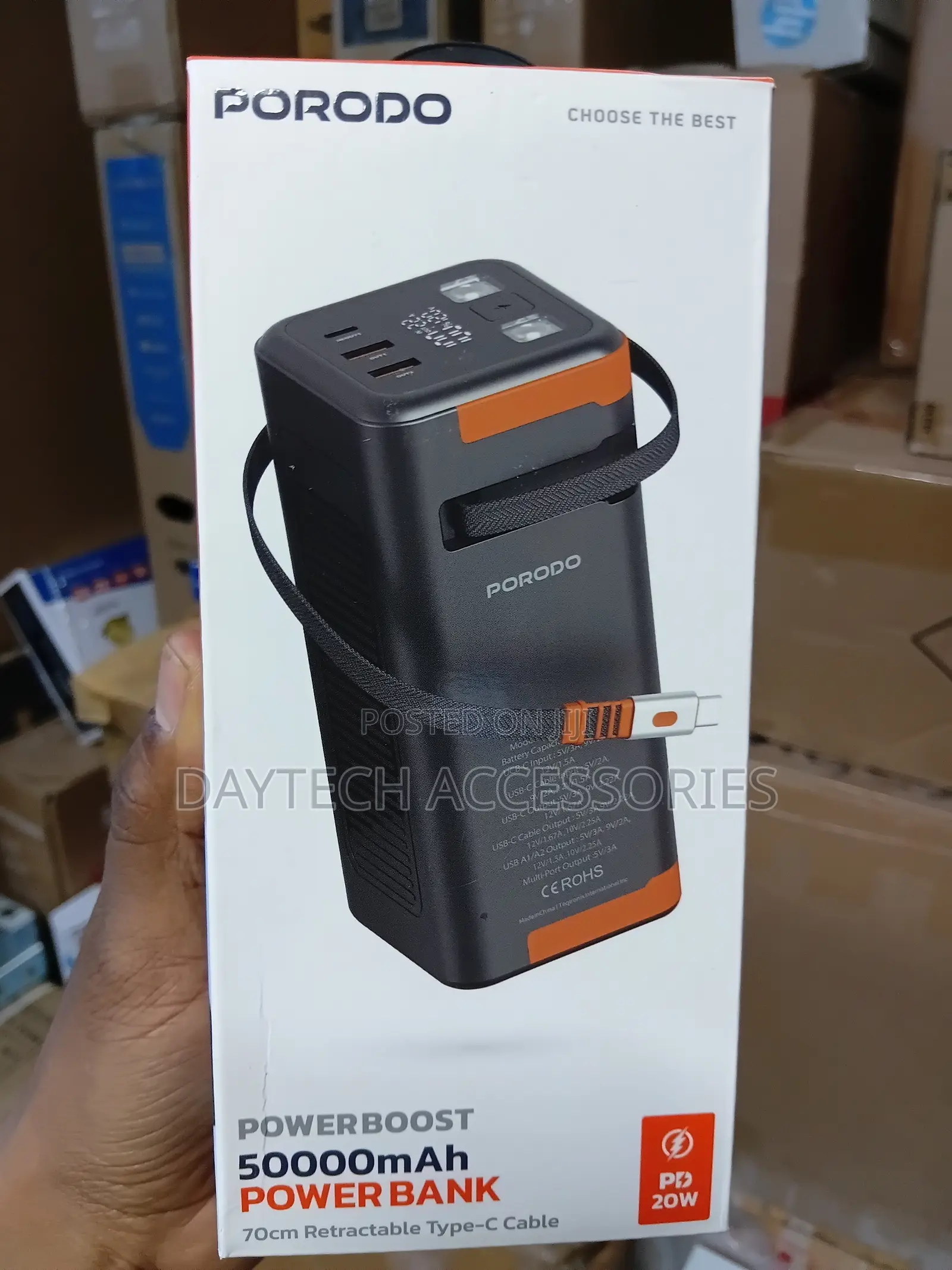 Porodo Power Boost 50,000mAh Power Bank With Retractable Type-C Cable.