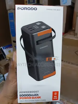 Porodo Power Boost 50,000mAh Power Bank With Retractable Type-C Cable.