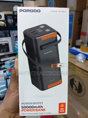 Porodo Power Boost 50,000mAh Power Bank With Retractable Type-C Cable.