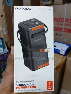 Porodo Power Boost 50,000mAh Power Bank With Retractable Type-C Cable.