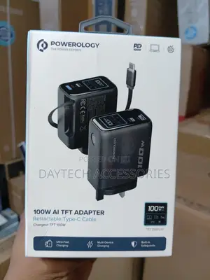 Powerology 100W AI TFT Adapter With Built-in Retractable Type-C Cable.
