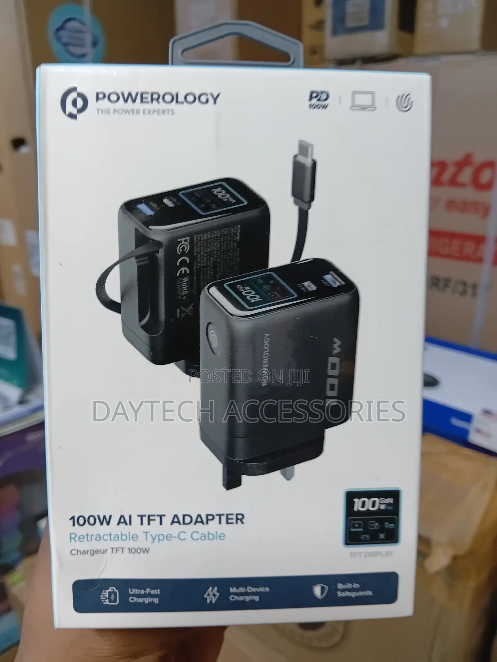 Powerology 100W AI TFT Adapter With Built-in Retractable Type-C Cable.