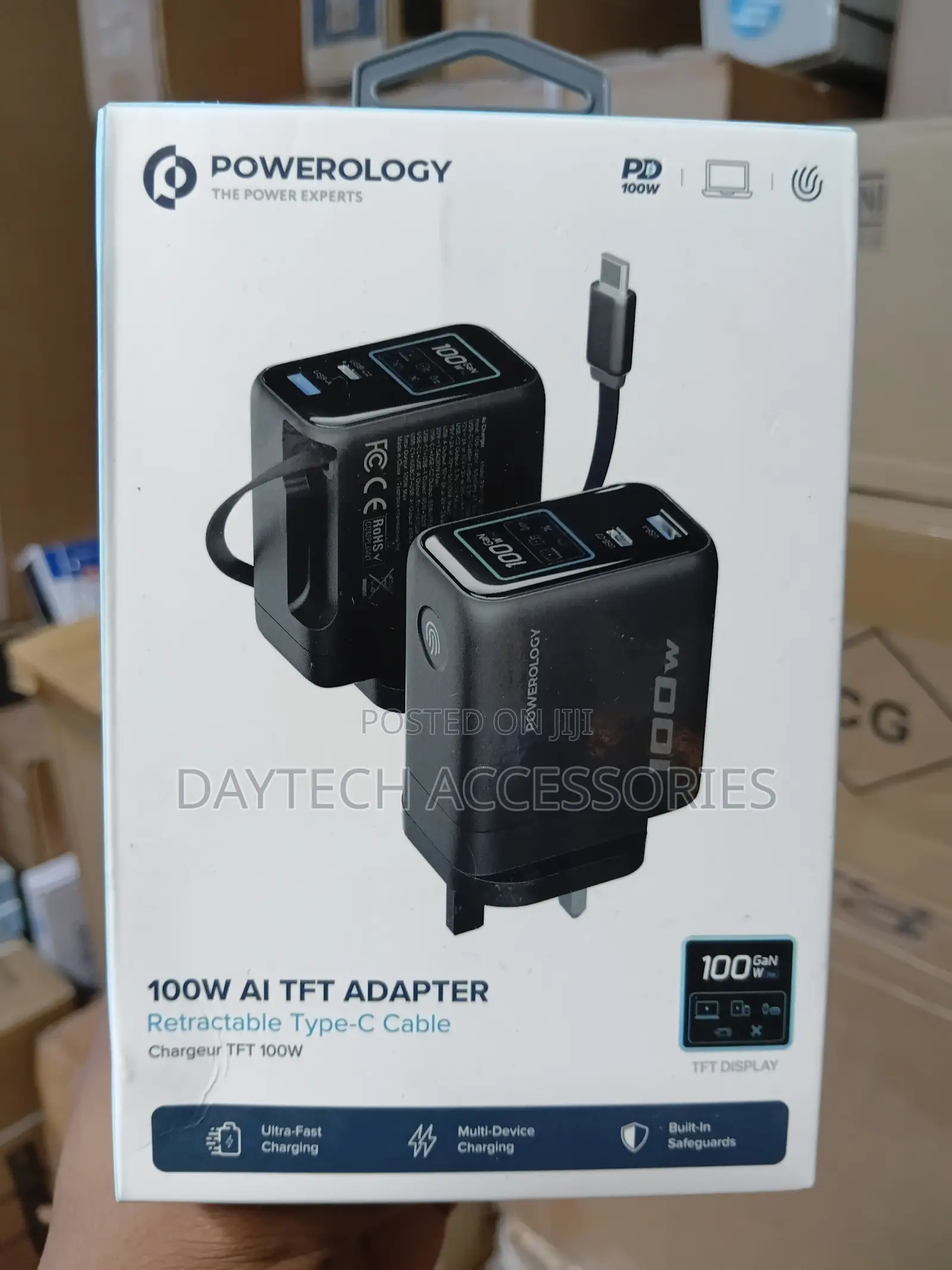 Powerology 100W AI TFT Adapter With Built-in Retractable Type-C Cable.
