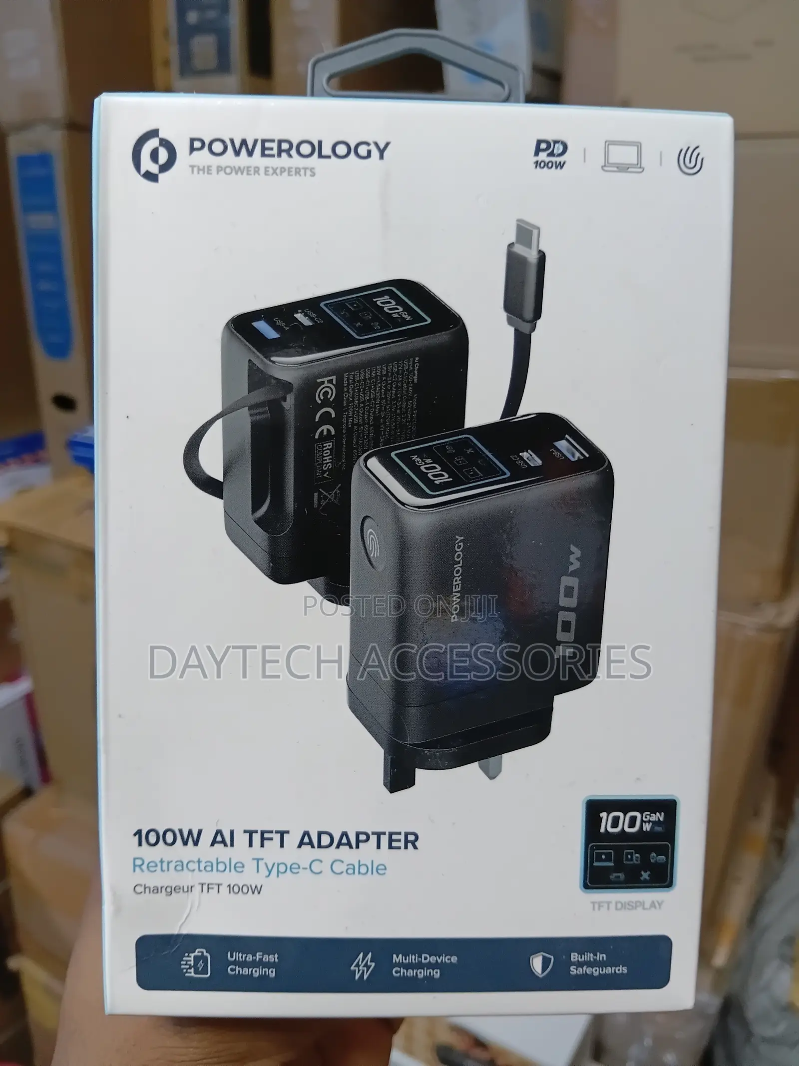 Powerology 100W TFT Adaptor With Retractable Cable 1C & 1A - Black