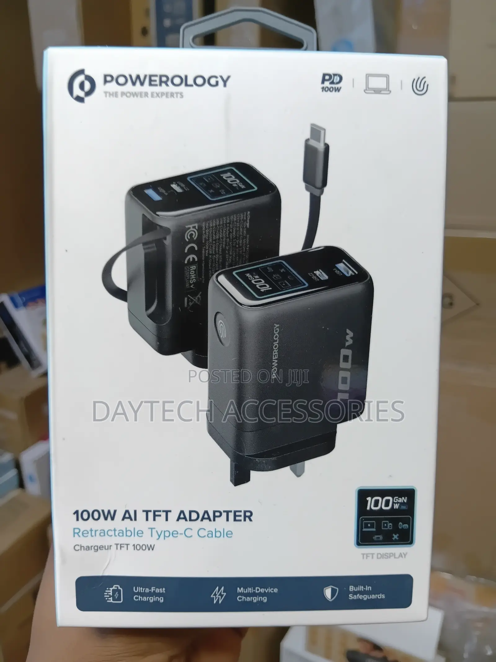 Powerology 100W TFT Adaptor With Retractable Cable 1C & 1A - Black