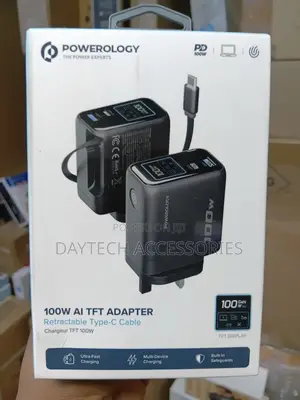 Powerology 100W TFT Adaptor With Retractable Cable 1C & 1A - Black