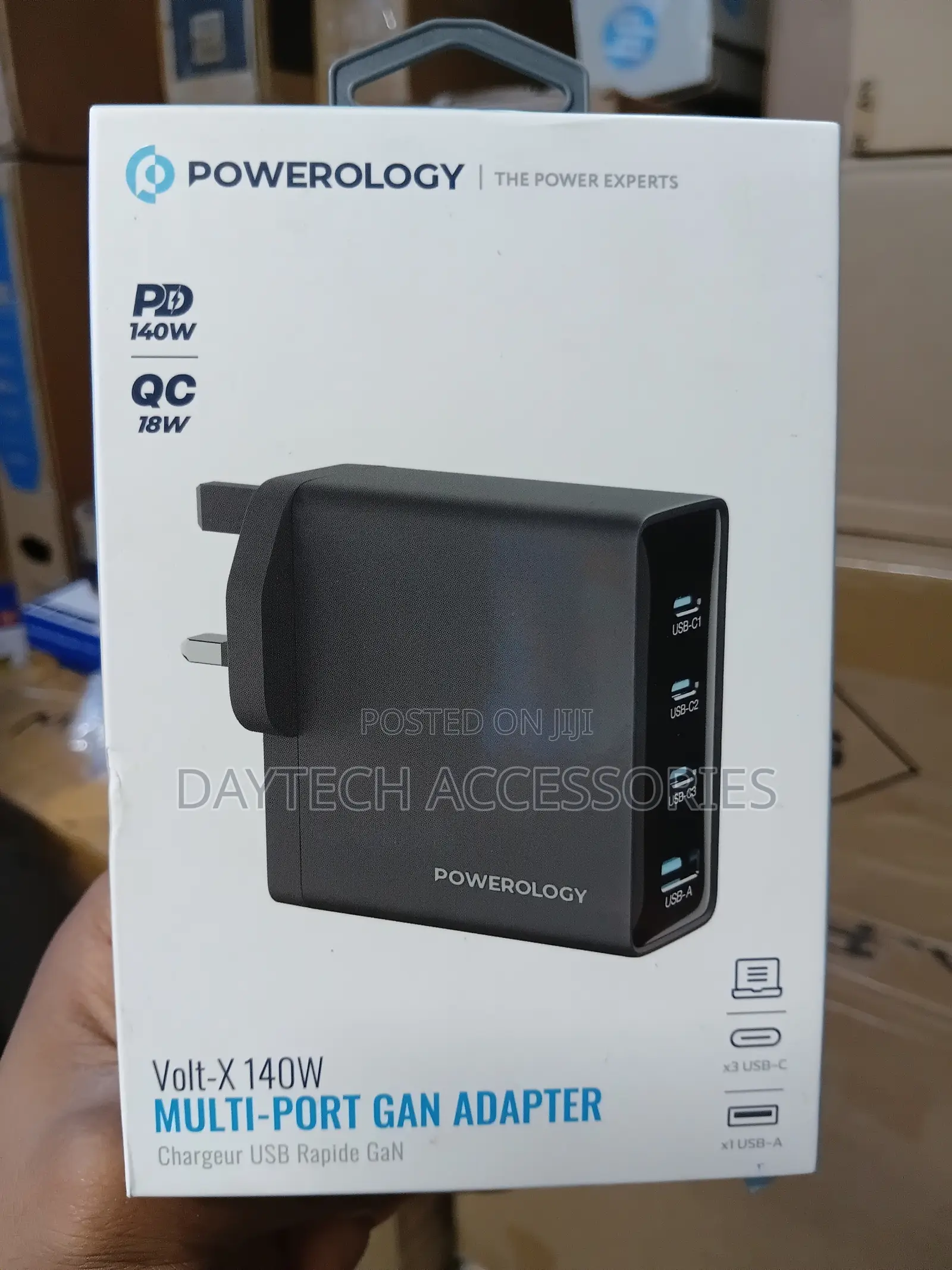 The Powerology Volt-X 140W Multi-Port GaN Charging Adapter.