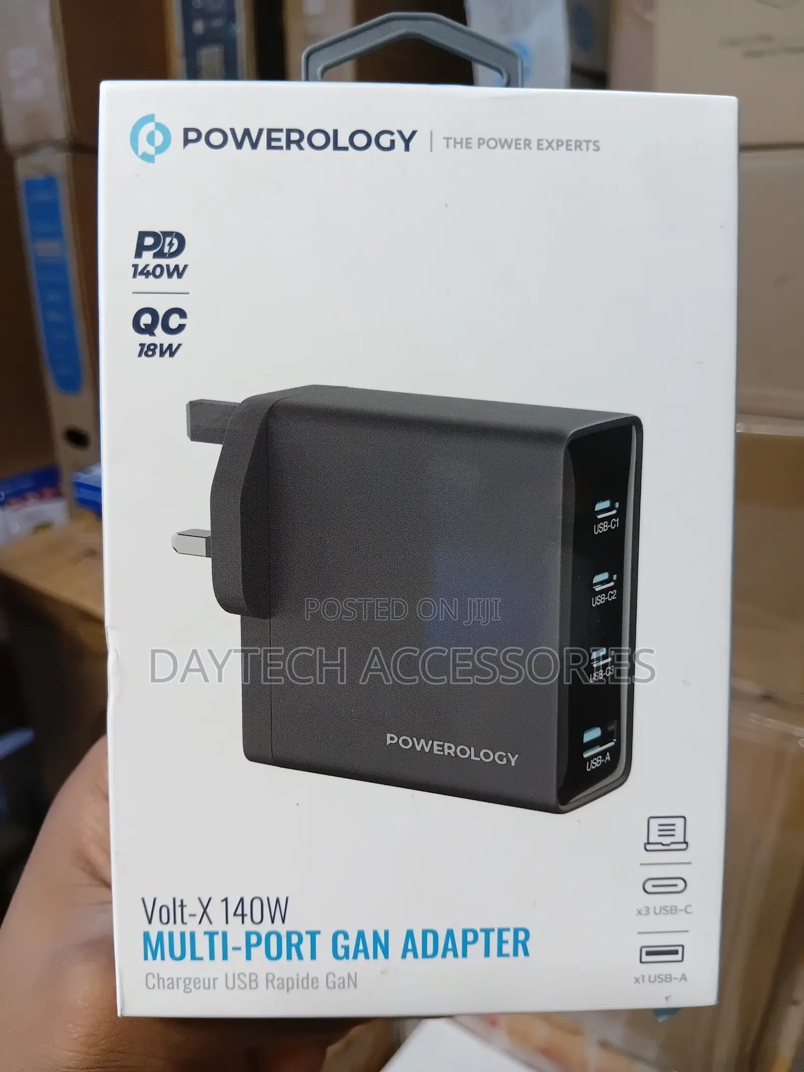 The Powerology Volt-X 140W Multi-Port GaN Charging Adapter.