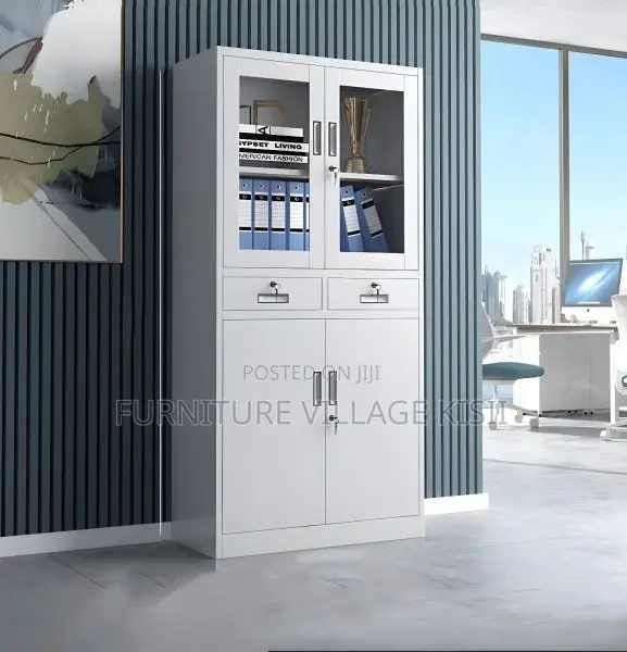 Office Cabinet; 2- Door Metallic Half Glass With Middle Drawer Office