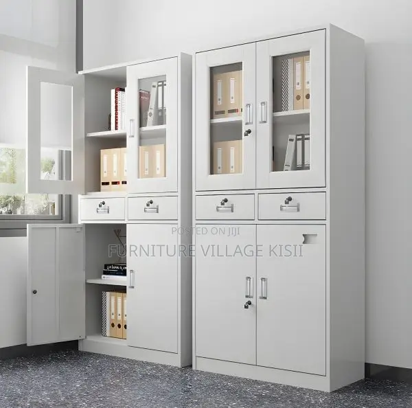 Office Cabinet; 2- Door Metallic Half Glass With Middle Drawer Office