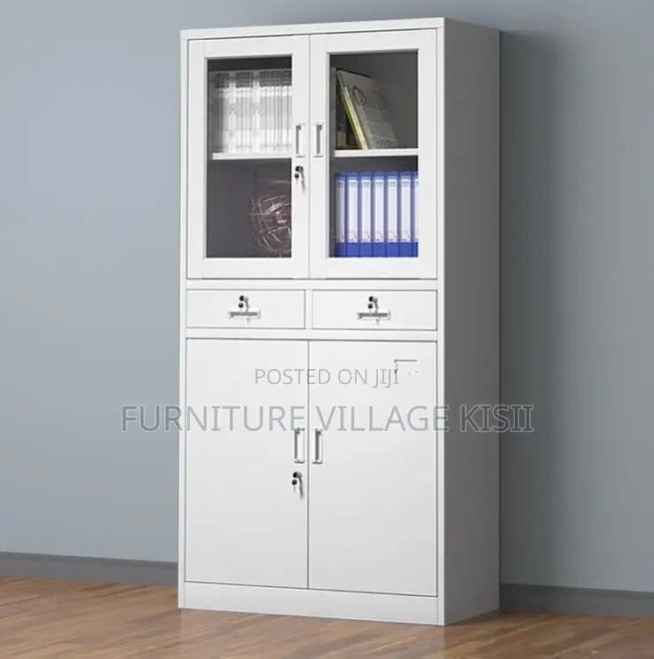 Office Cabinet; 2- Door Metallic Half Glass With Middle Drawer Office