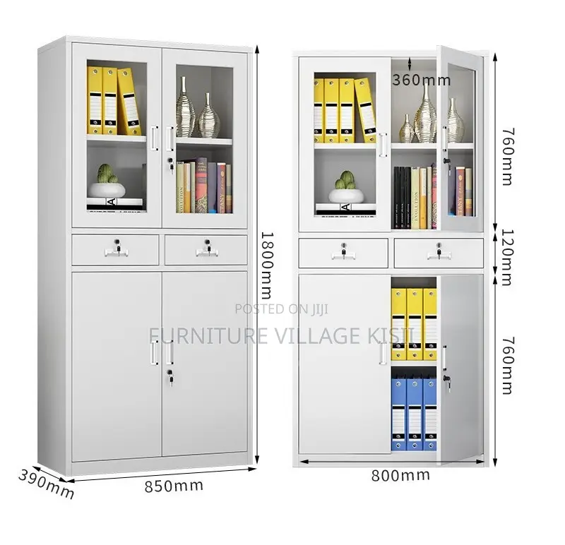 Office Cabinet; 2- Door Metallic Half Glass With Middle Drawer Office