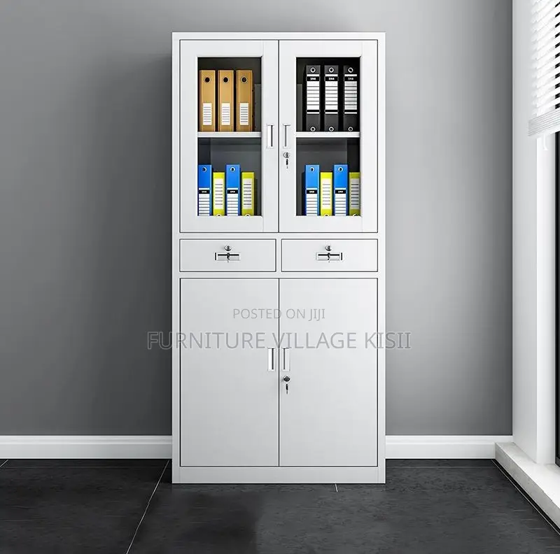 Office Cabinet; 2- Door Metallic Half Glass With Middle Drawer Office