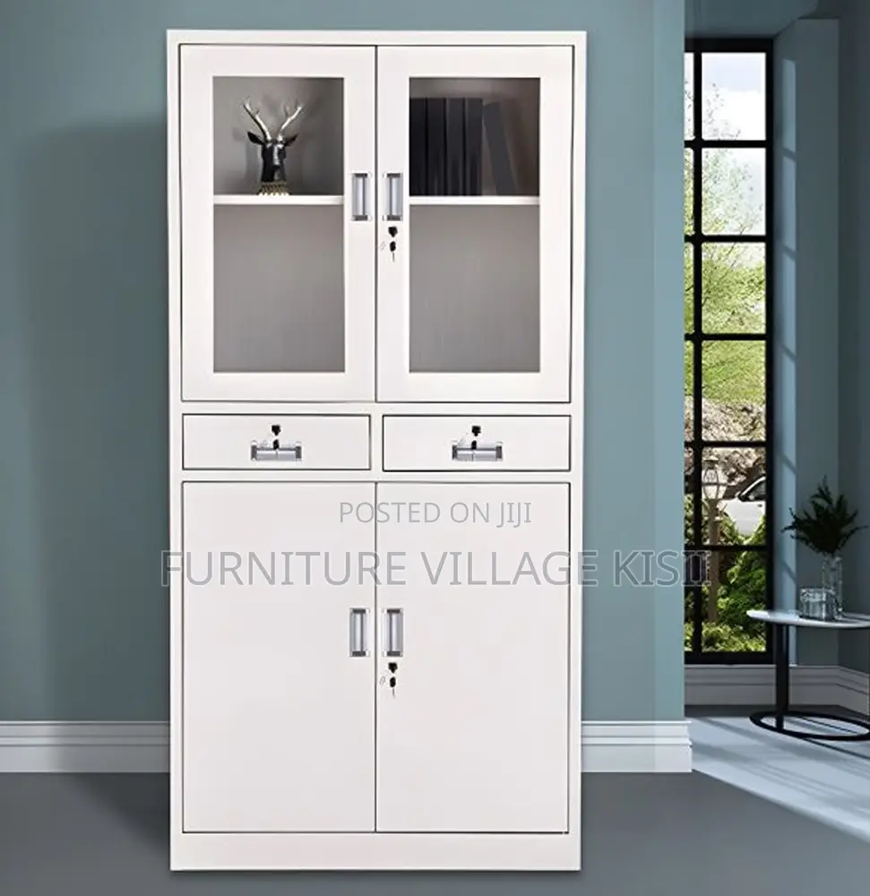 Office Cabinet; 2- Door Metallic Half Glass With Middle Drawer Office