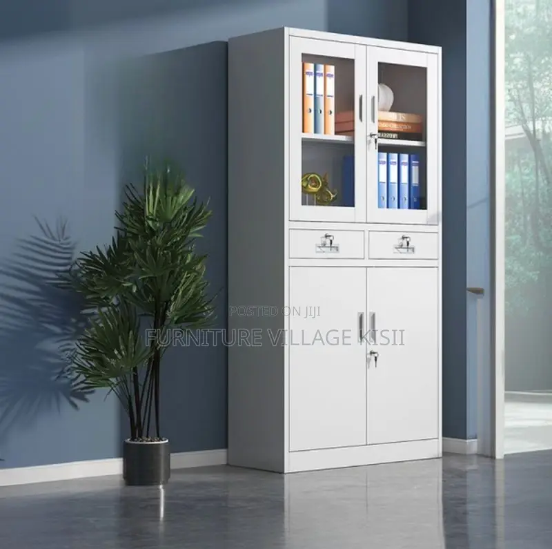 Office Cabinet; 2- Door Metallic Half Glass With Middle Drawer Office