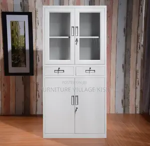 Office Cabinet; 2- Door Metallic Half Glass With Middle Drawer Office