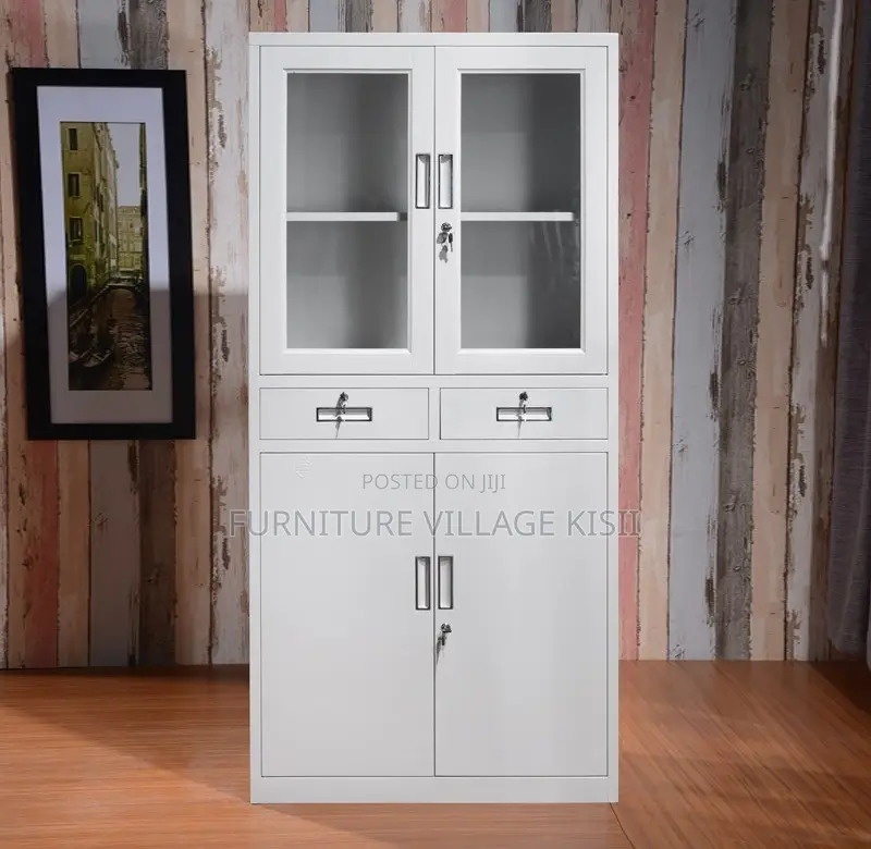 Office Cabinet; 2- Door Metallic Half Glass With Middle Drawer Office