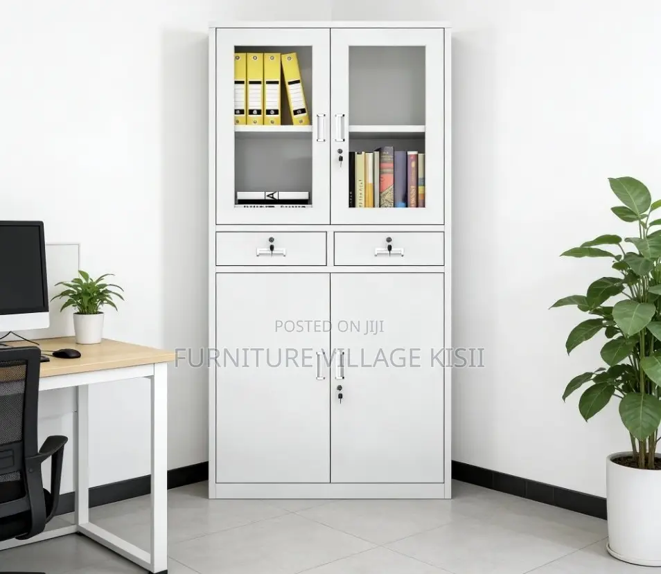 Office Cabinet; 2- Door Metallic Half Glass With Middle Drawer Office