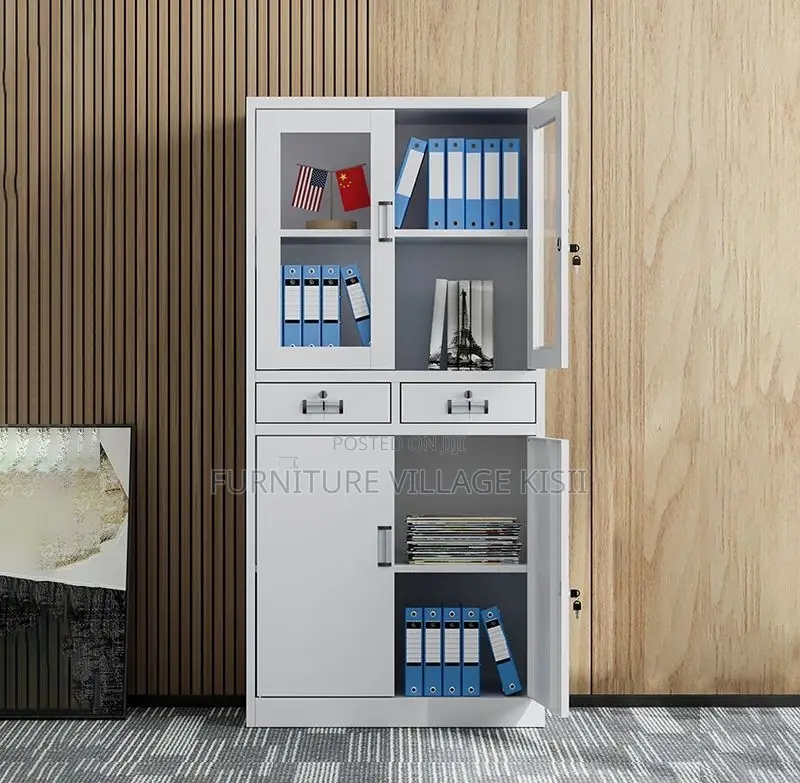 Office Cabinet; 2- Door Metallic Half Glass With Middle Drawer Office