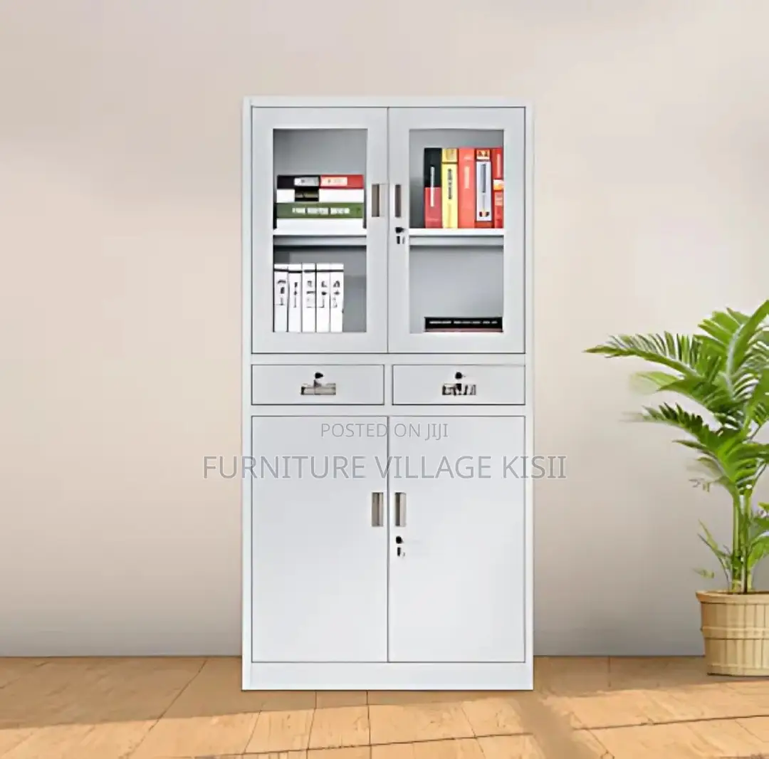 Office Cabinet; 2- Door Metallic Half Glass With Middle Drawer Office