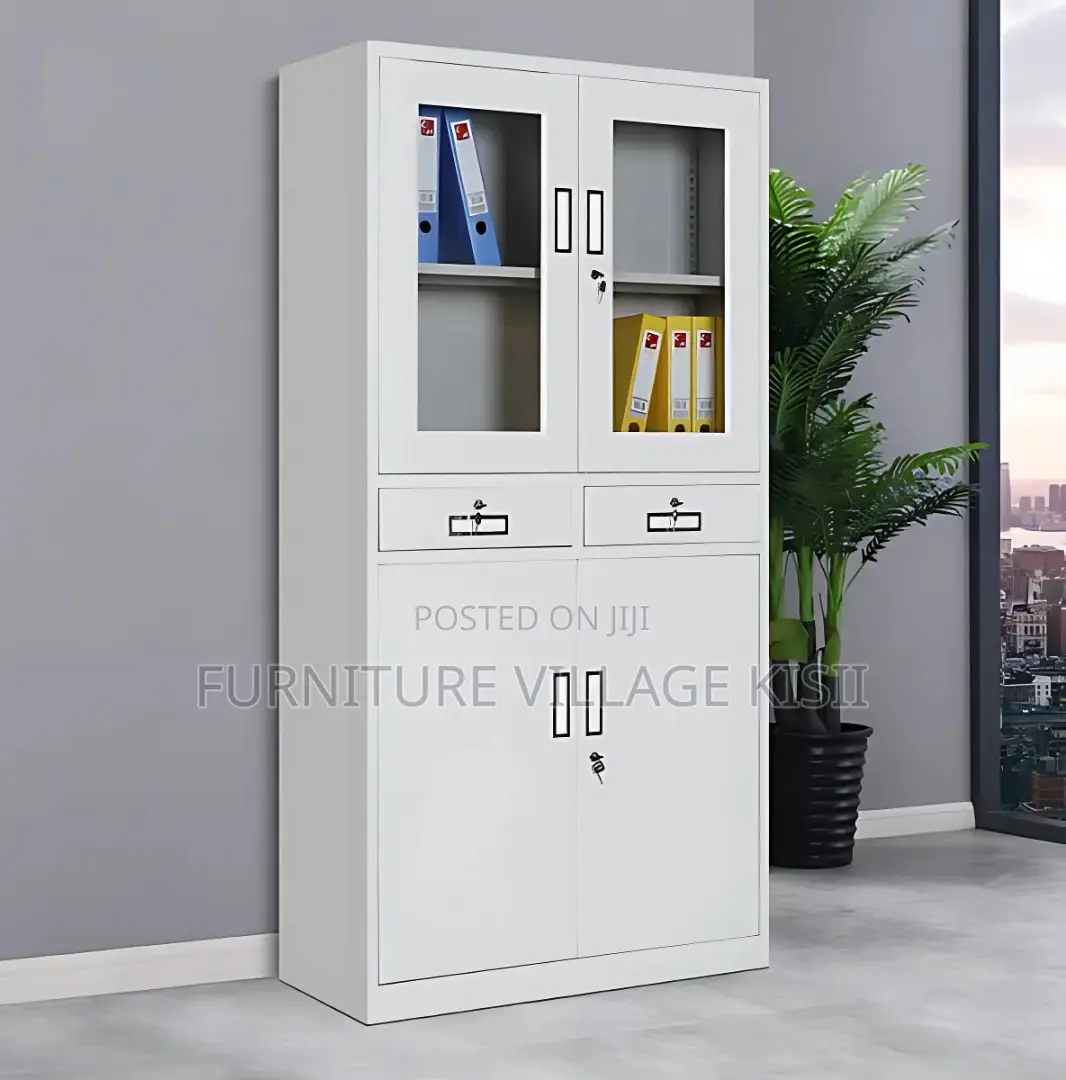 Office Cabinet; 2- Door Metallic Half Glass With Middle Drawer Office