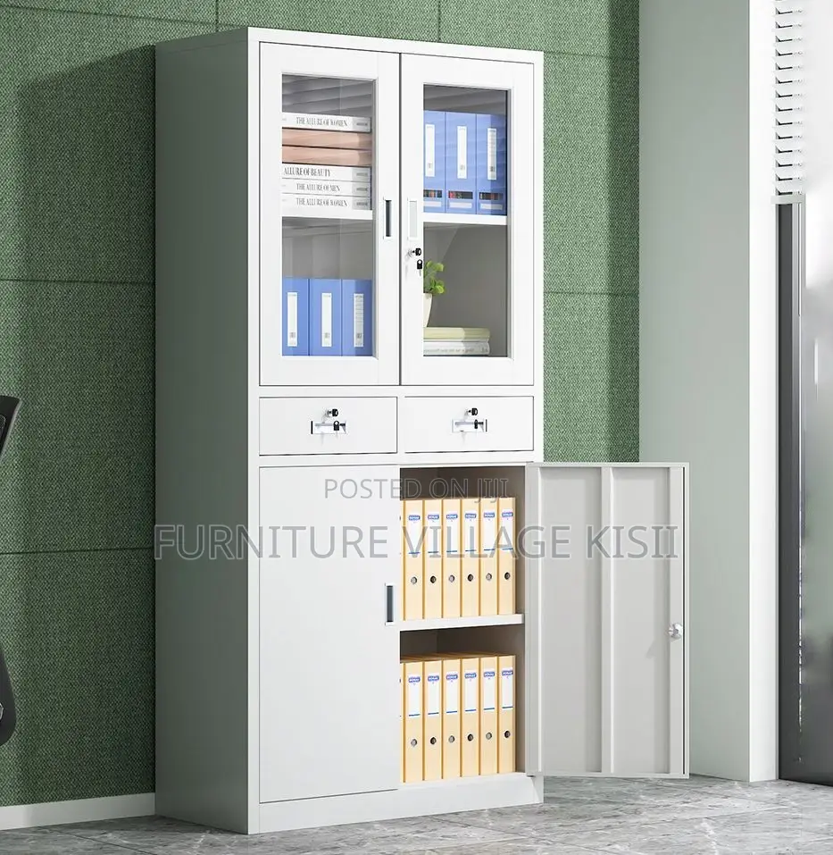 Office Cabinet; 2- Door Metallic Half Glass With Middle Drawer Office