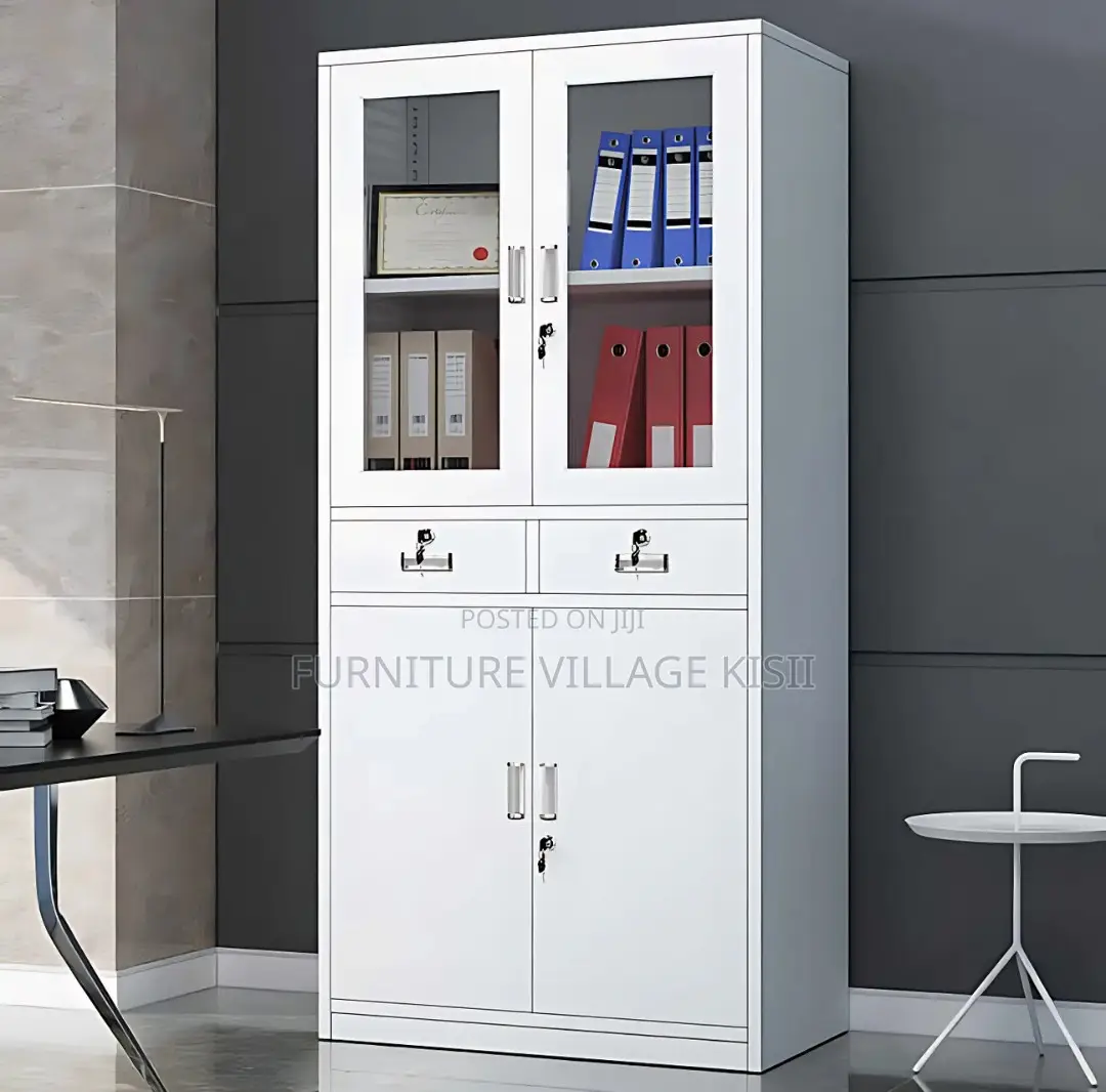 Office Cabinet; 2- Door Metallic Half Glass With Middle Drawer Office