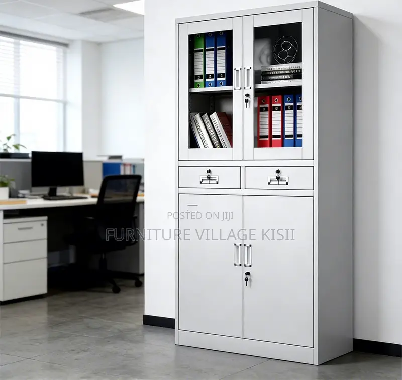 Office Cabinet; 2- Door Metallic Half Glass With Middle Drawer Office