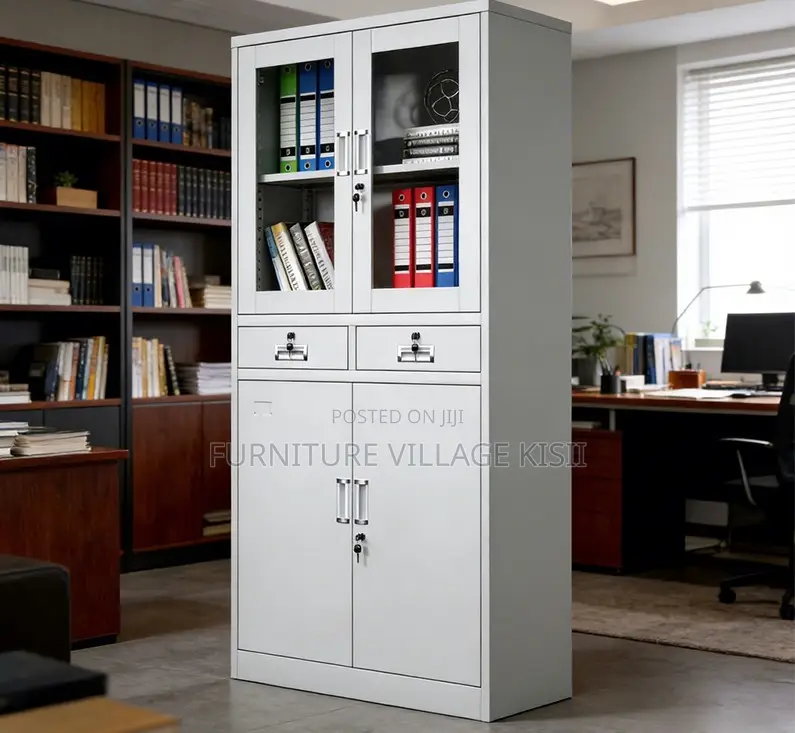 Office Cabinet; 2- Door Metallic Half Glass With Middle Drawer Office