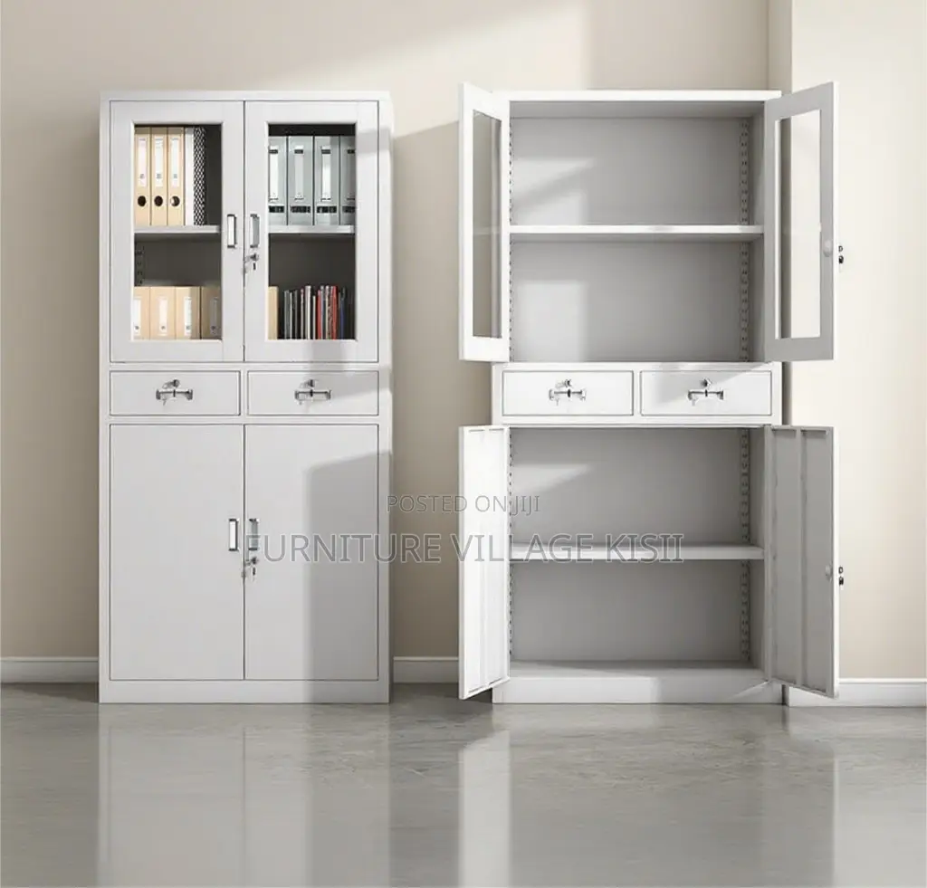 Office Cabinet; 2- Door Metallic Half Glass With Middle Drawer Office
