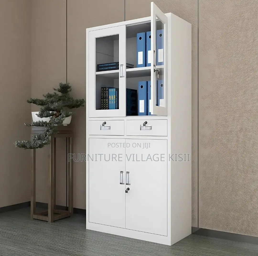 Office Cabinet; 2- Door Metallic Half Glass With Middle Drawer Office